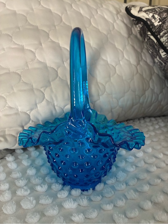 Other - Fenton Blue Hobnail Glass Basket with Ruffled Edge